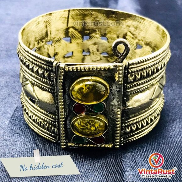 single Vintage Kuchi Cuff Bracelet With Yellow Glass Stones, Gypsy Cuff Bracelet - Picture 10 of 12